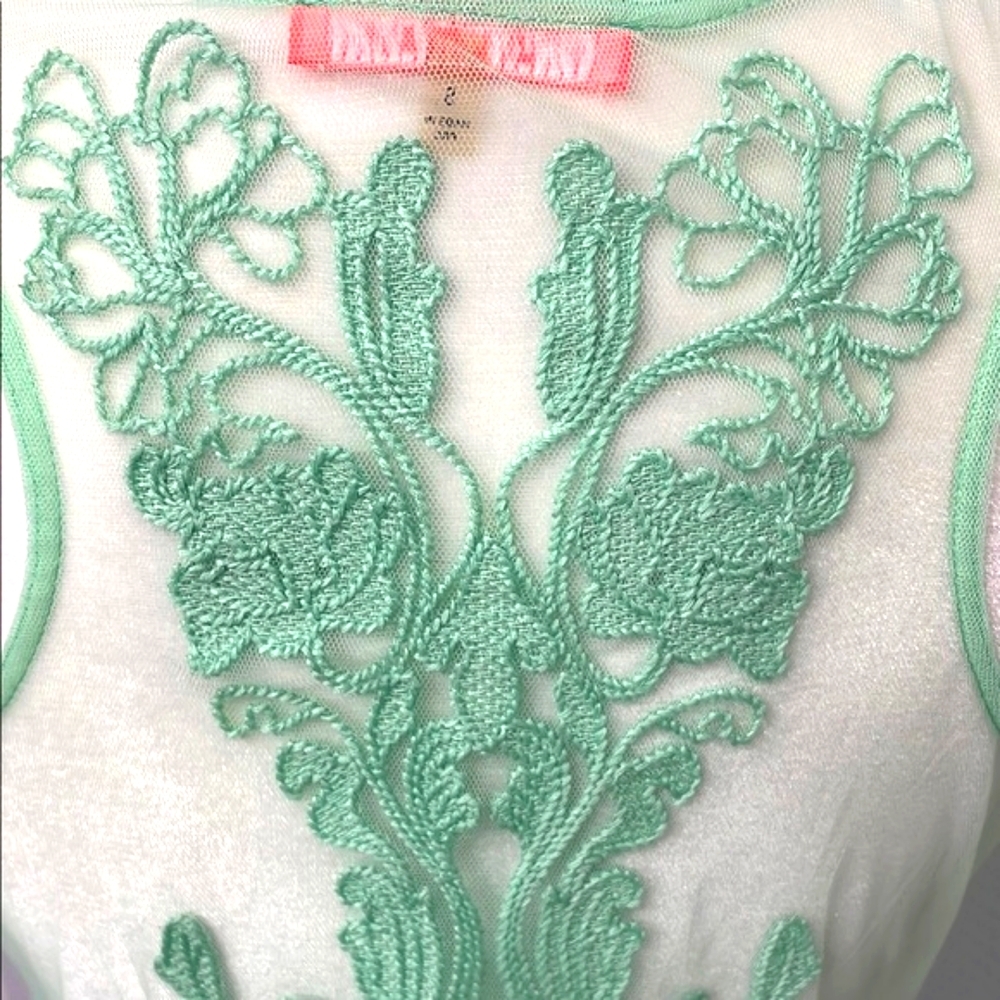 NWOT. Lulumari Mint Green Draped Front Sleeveless Blouse with Embroidered Back - Picture 6 of 9